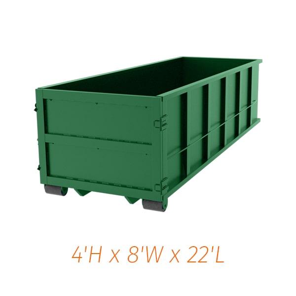 our twenty-yard dumpsters have a weight limit of approximately 10,000 pounds, or 5 tons